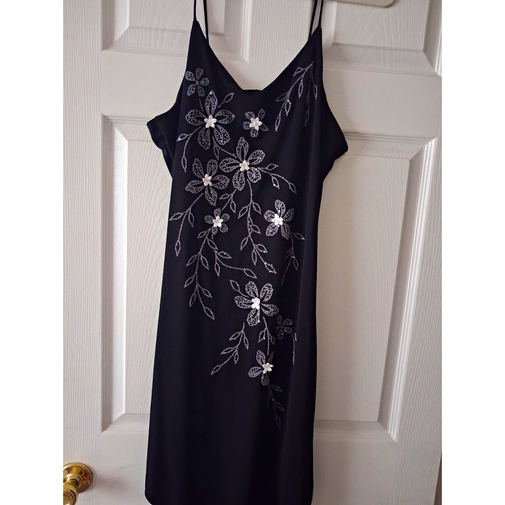 SUKI Large Y2K Black Beaded Floral Slip Dress Asymmetrical Sequined Embroidery
